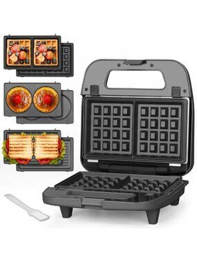 3-in-1 Mini Waffle Maker & Breakfast Sandwich Press, Removable Plates, Non-Stick